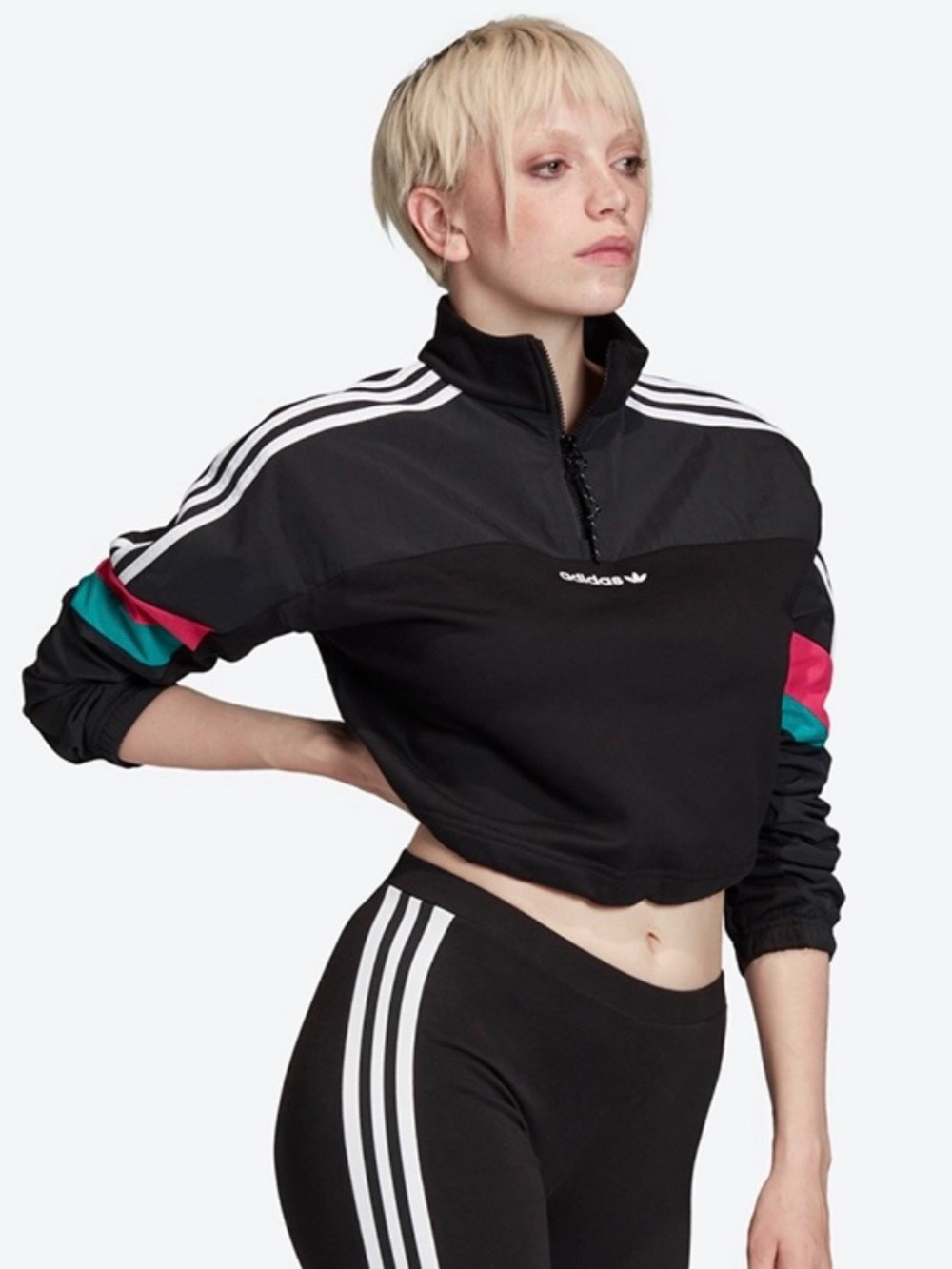 adidas Originals Half-Zip Crop Track Jacket Black Cropped Active Top size L - Picture 2 of 13